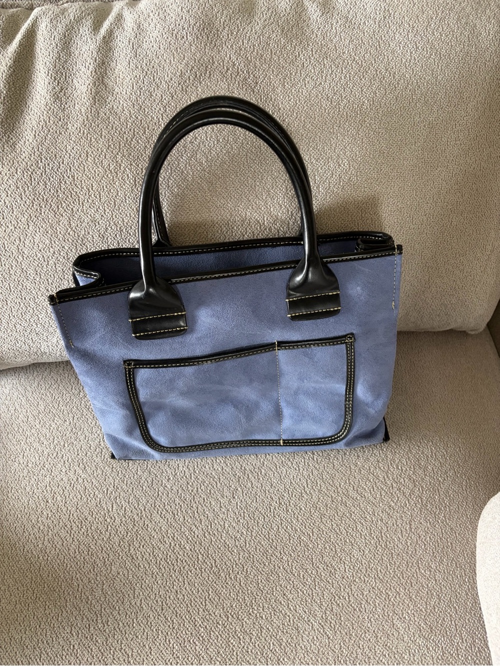Saks Fifth Avenue faux suede Blue Tote with Black Trim